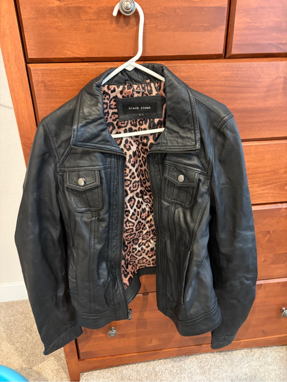 Black Rivet Black Leather Jacket with Leopard Lining